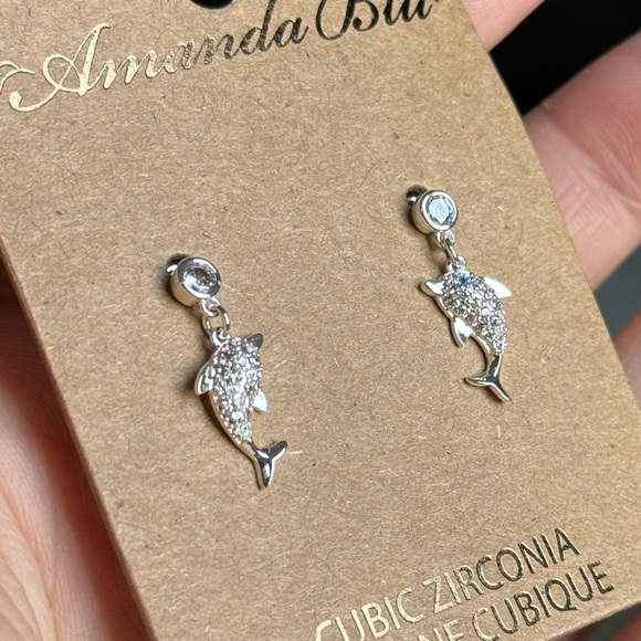 AMANDA BLU Dolphin Silver Cubic Zirconia Stud Dangle Earrings NEW - Picture 2 of 3